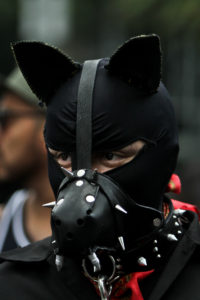 An individual wearing a black face mask with black leather dog ears, a black leather snout, and a spiked collar.