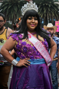 A beautiful drag queen in a purple dress, crystal crown, and pink sash reading "Mundo Mexico XXL 2016."