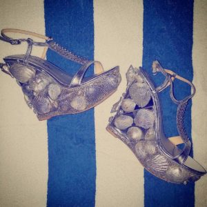 high heeled shows decorated with sea shells by Timothy for the Mermaid parade.