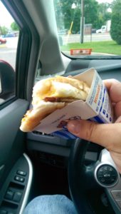 Hary Hawk holding a breakfast slider from White Castle, Rt 17 NJ